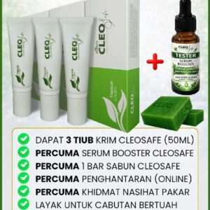 Pakej tiga tiub CleoSafe bersama serum booster dan sabun