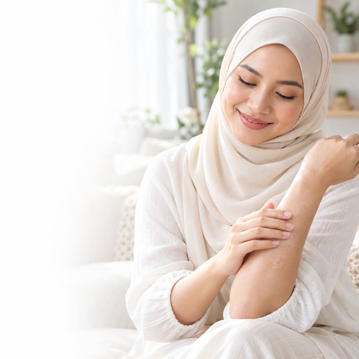 Wanita bertudung menjaga kulit lengan yang kering